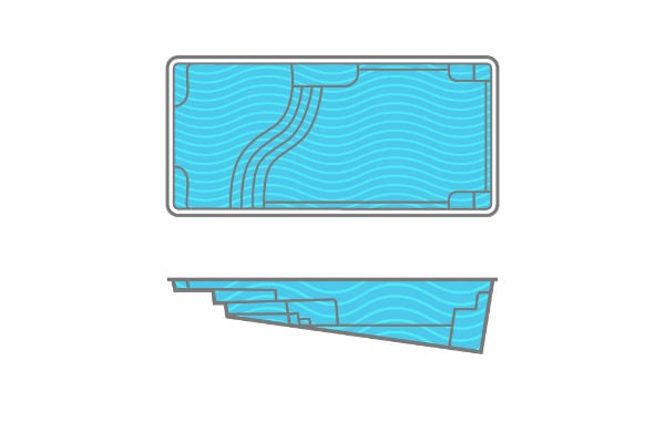 Architectural design schematic and side elevation profile of a rectangular fiberglass pool shell measuring 12 feet by 25 feet with a depth of 5 feet 1 inch.